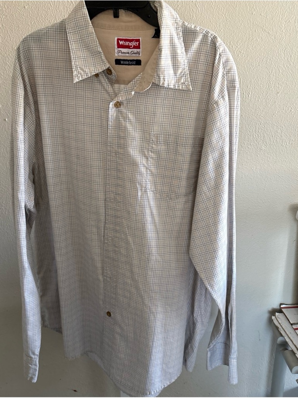 Wrangler Men’s Button-Down Plaid Shirt in Tan and Blue